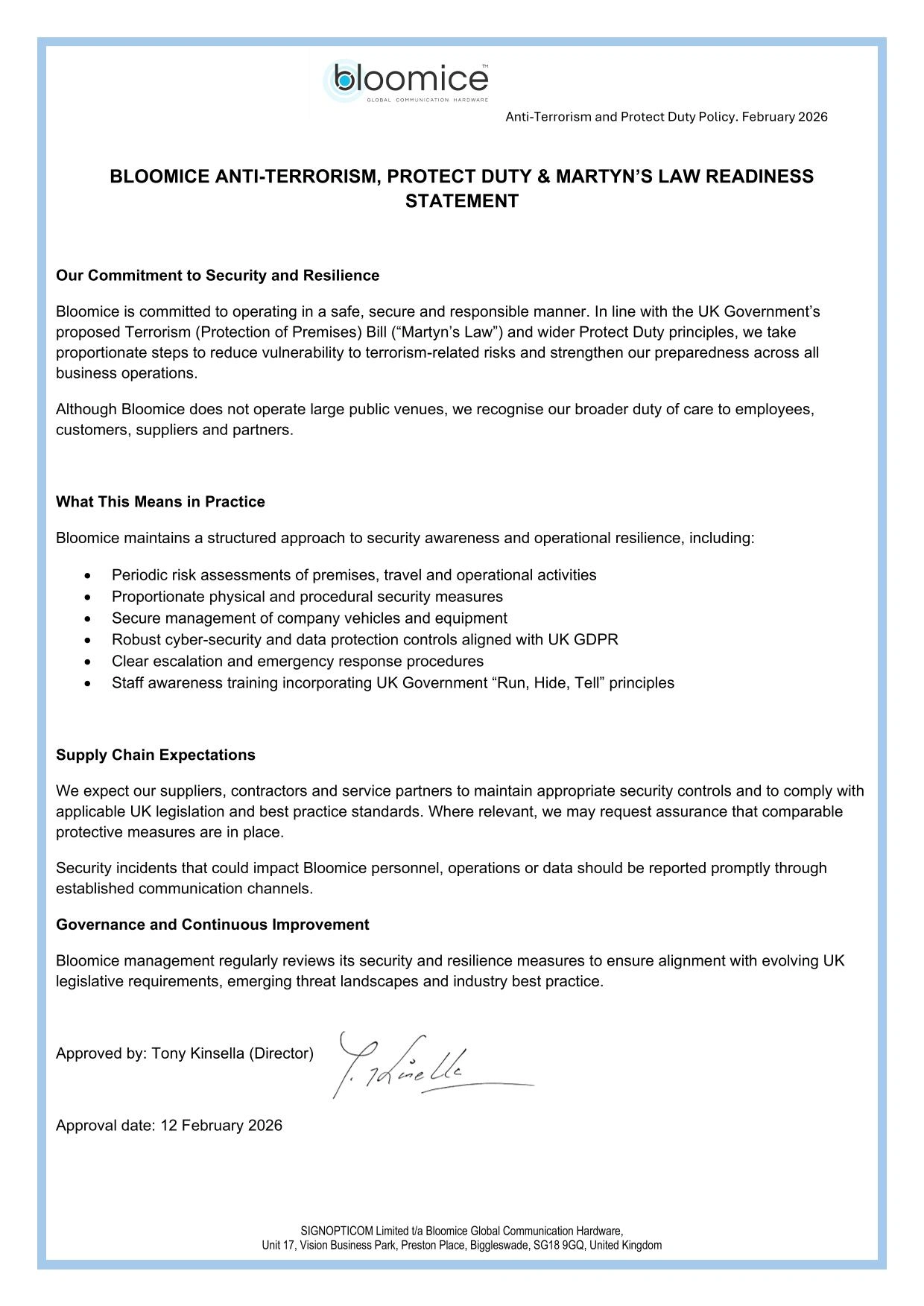 Anti-Terrorism / Protect Duty / Martyn’s Law Readiness Statement