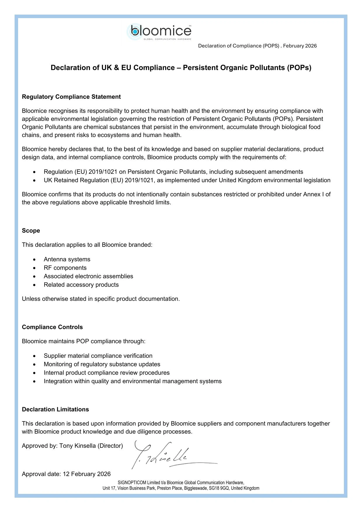 Declaration of UK and EU Compliance (POPs)