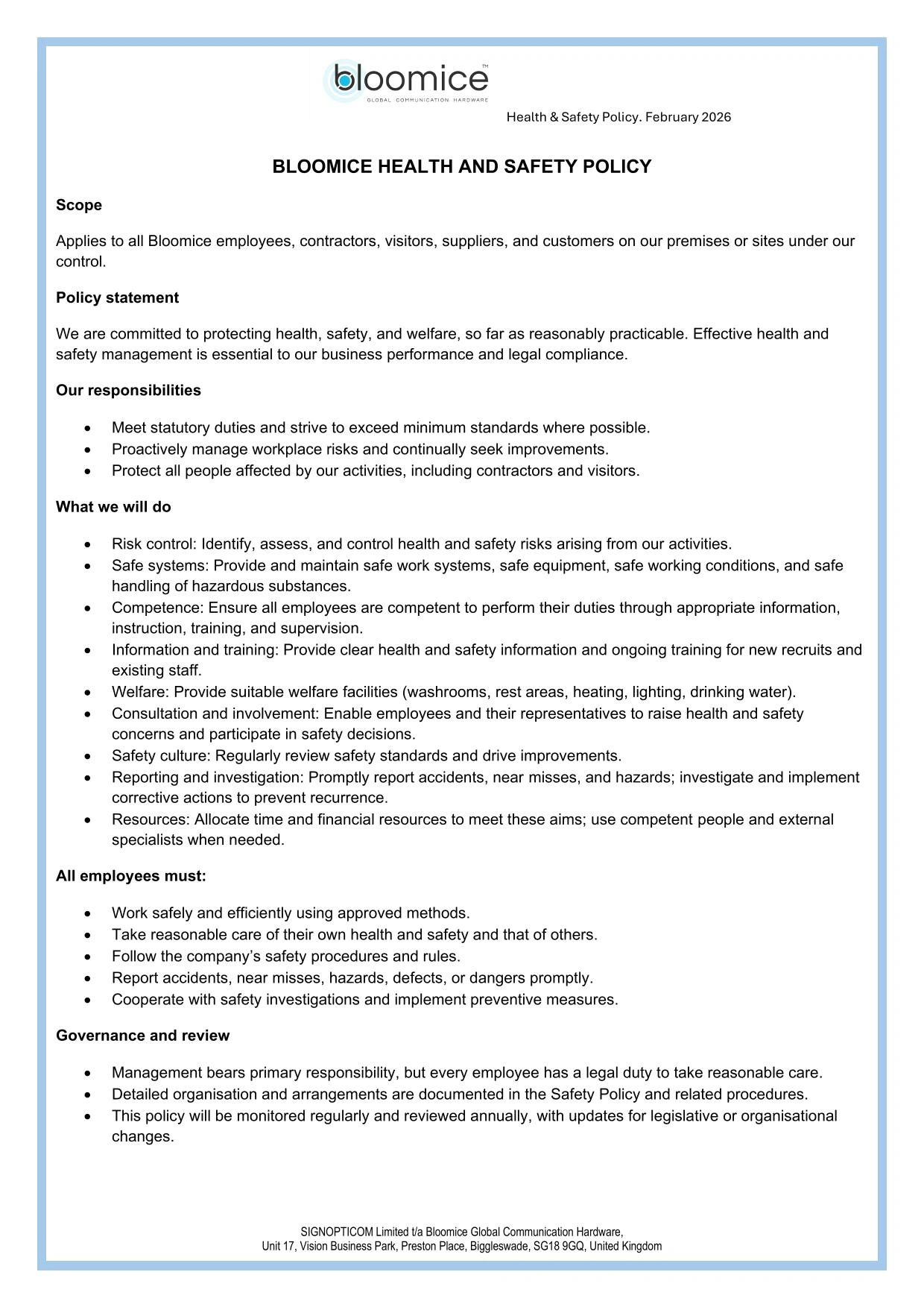 Health & Safety Document