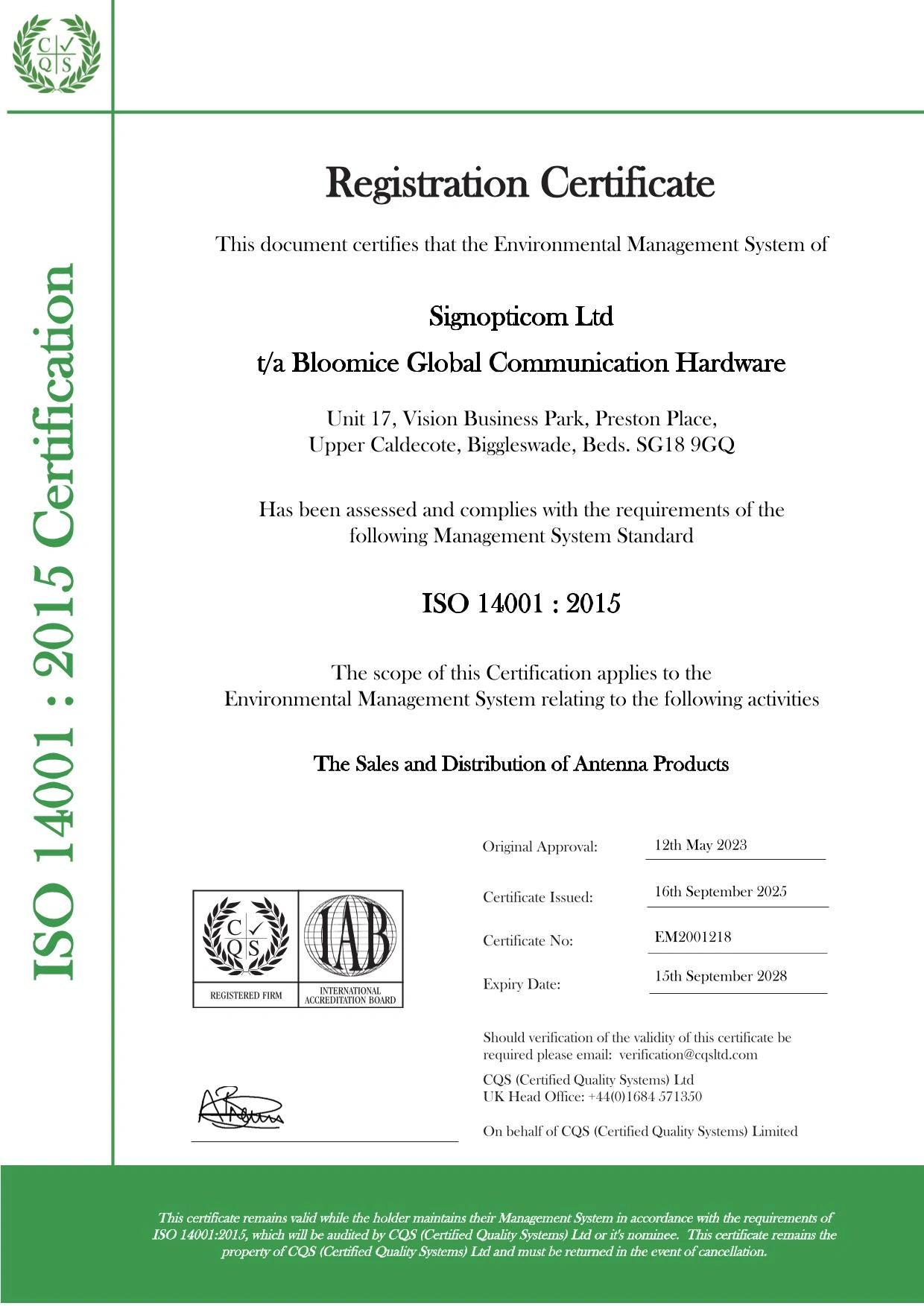 ISO 14001 Certificate