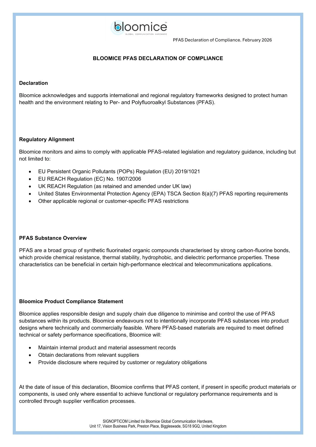 PFAS Declaration of Compliance