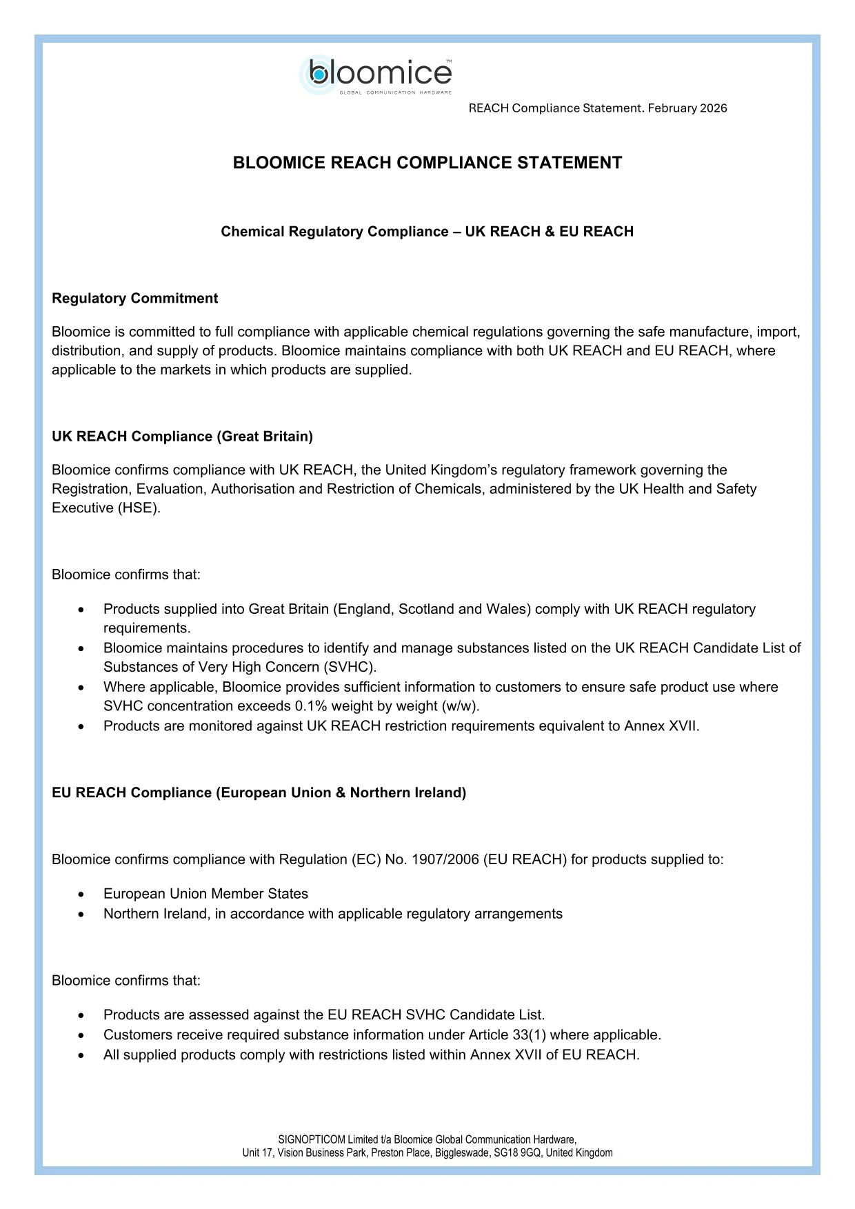 REACH Compliance Statement