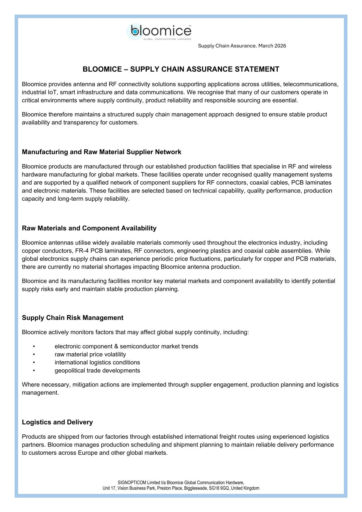 Supply Chain Assurance Statement